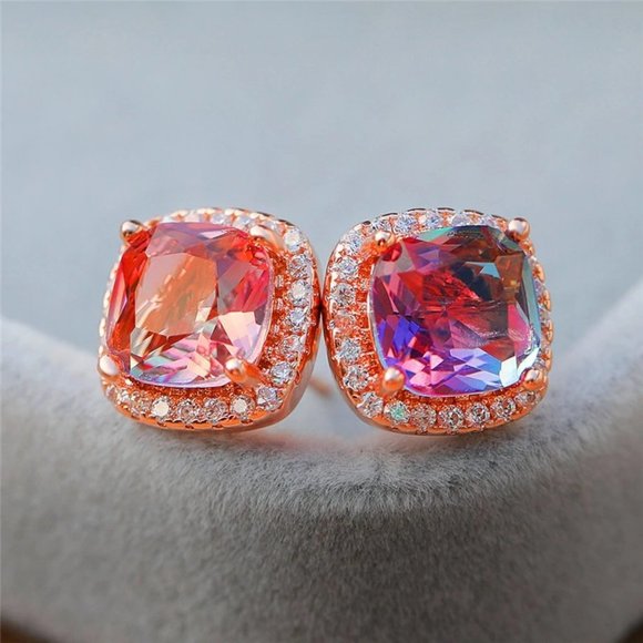 NEW Rose Gold Rainbow Diamond Halo Stud Earrings - Picture 3 of 4